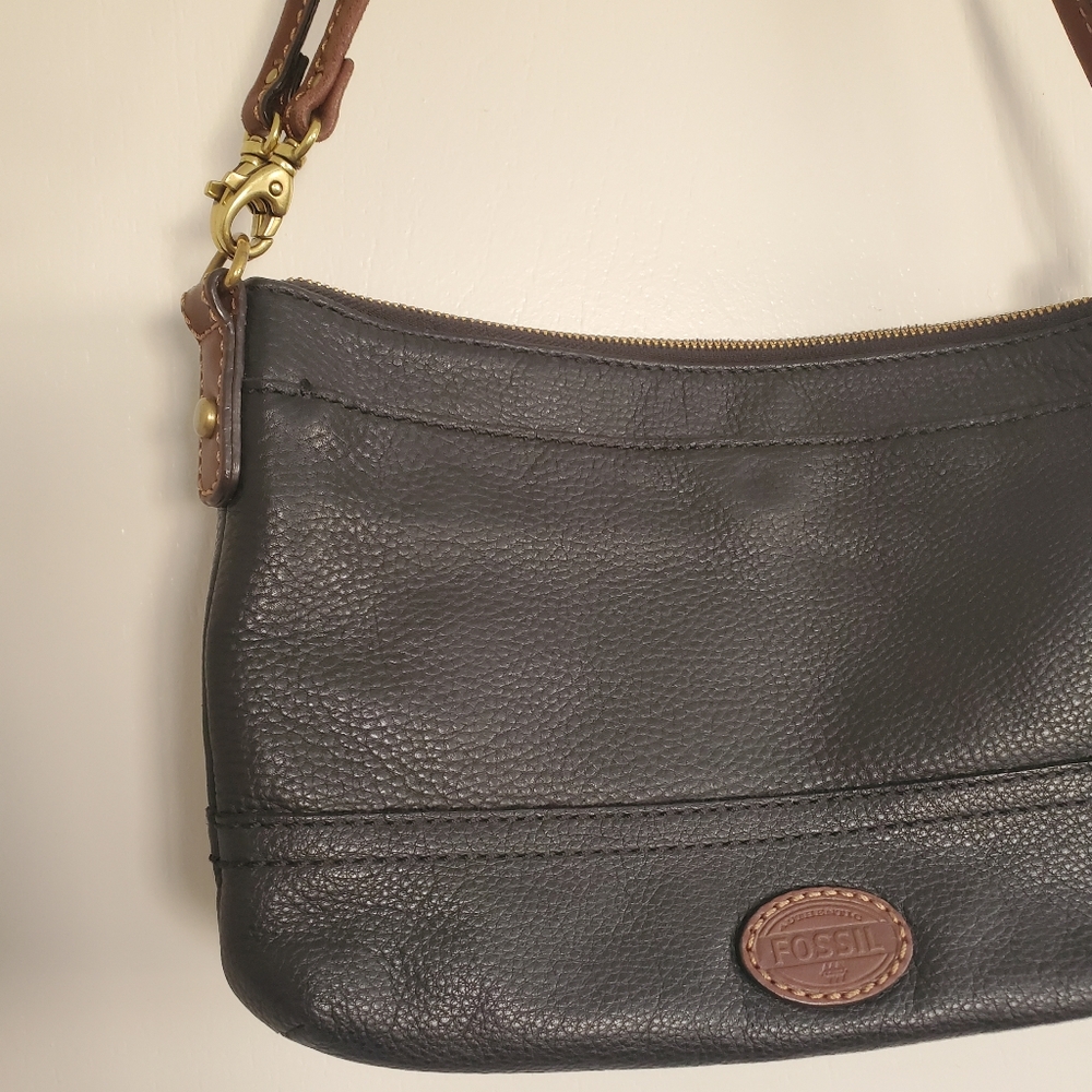 Fossil Leather Bag Black With Brown Handle
